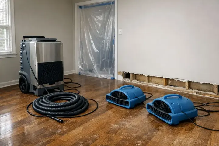 Dehumidifier and air movers drying hardwood after the baseboards were removed
