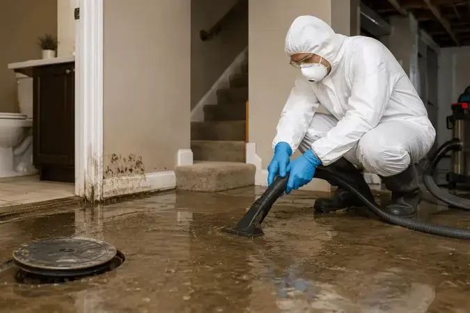 Technician in protective gear extracting a basement floor drain backup