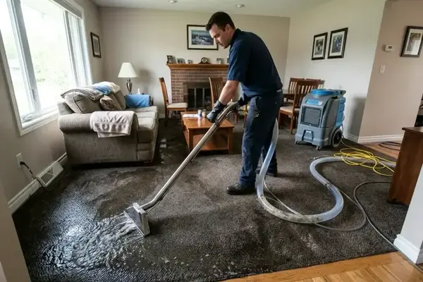 Technician extracting water from a soaked living room carpet