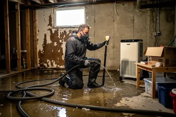 Technician using an extraction wand in a wet basement