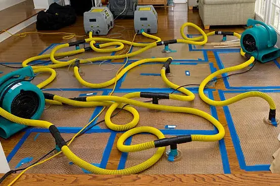 Floor drying mats and air movers set on a wet hardwood floor