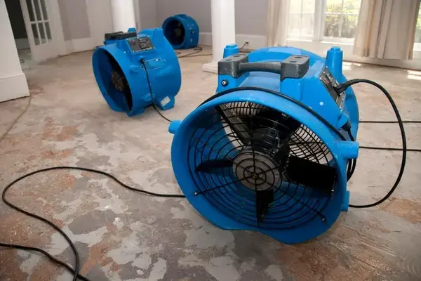 Air movers running on a stripped floor during a dry-out