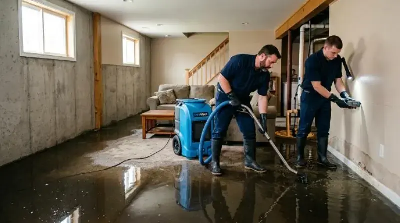Two technicians extracting water from a flooded finished basement