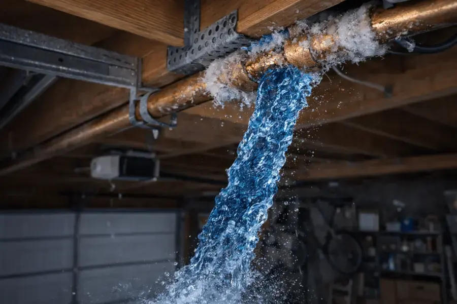 Water spraying from a split copper supply line in a garage ceiling