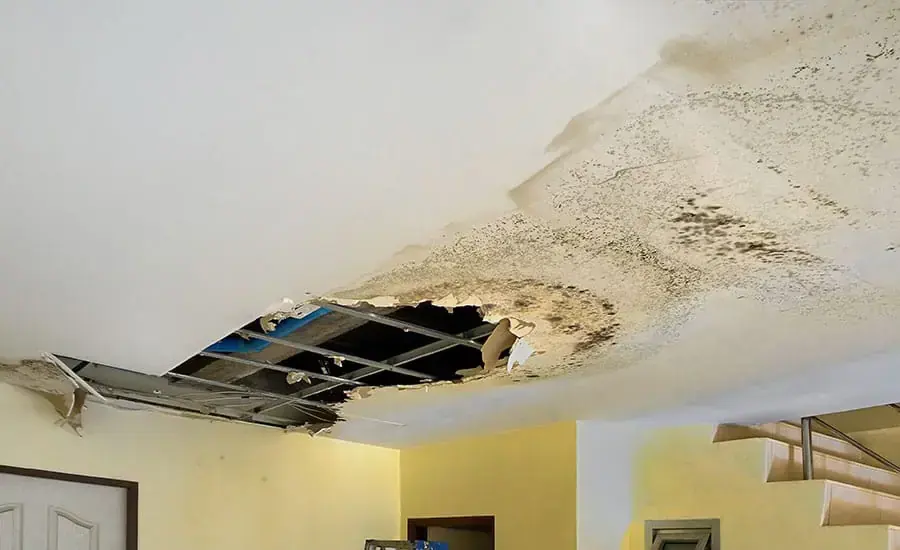 Collapsed drywall ceiling opened up by a leak from above