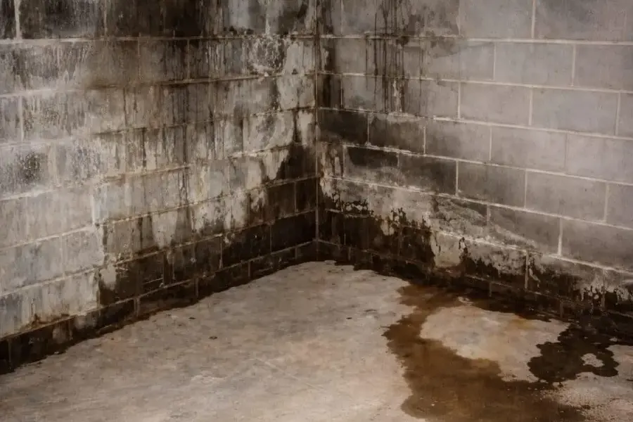Wet block basement wall with seepage spreading across the floor