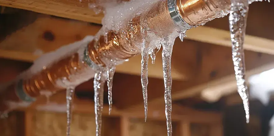 Icicles hanging from a frozen copper pipe in an unheated space