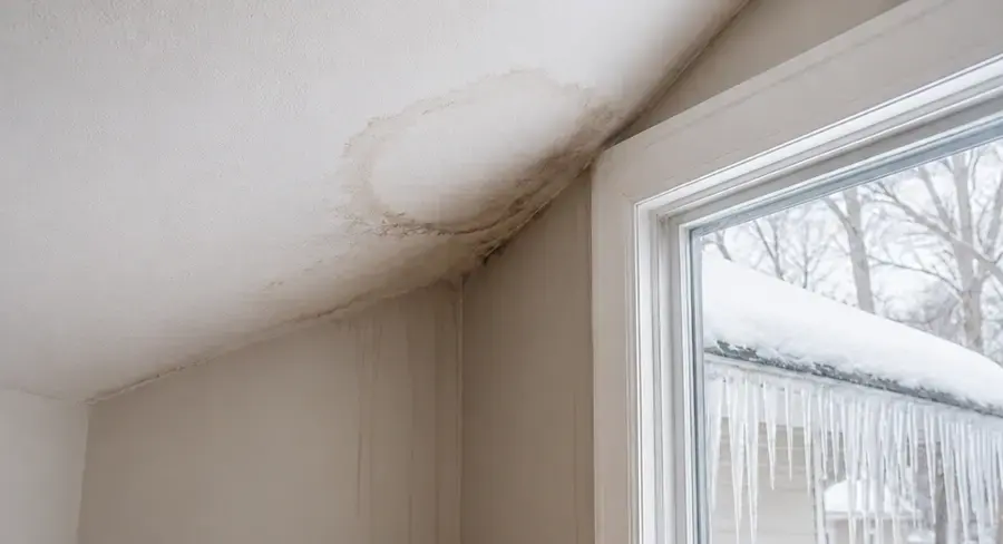 Water stain spreading across a ceiling corner with icicles outside the window