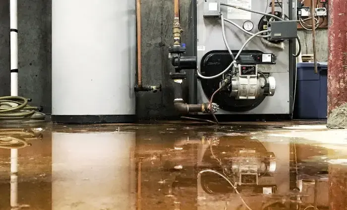 Dirty water across a basement floor beside the boiler and water heater