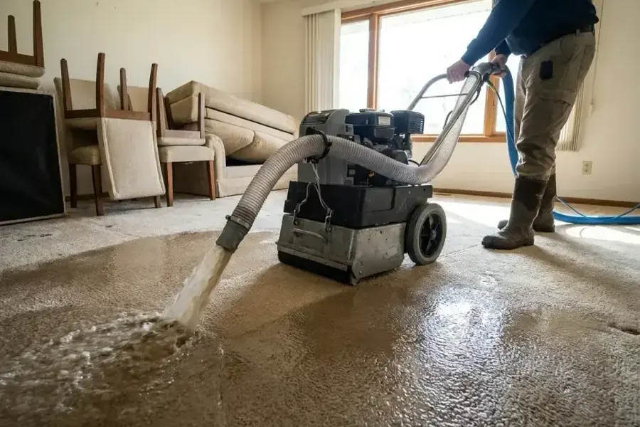 Extraction unit pulling standing water off a flooded living room floor