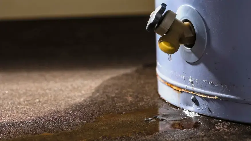 Water spreading across a basement floor from the base of a water heater